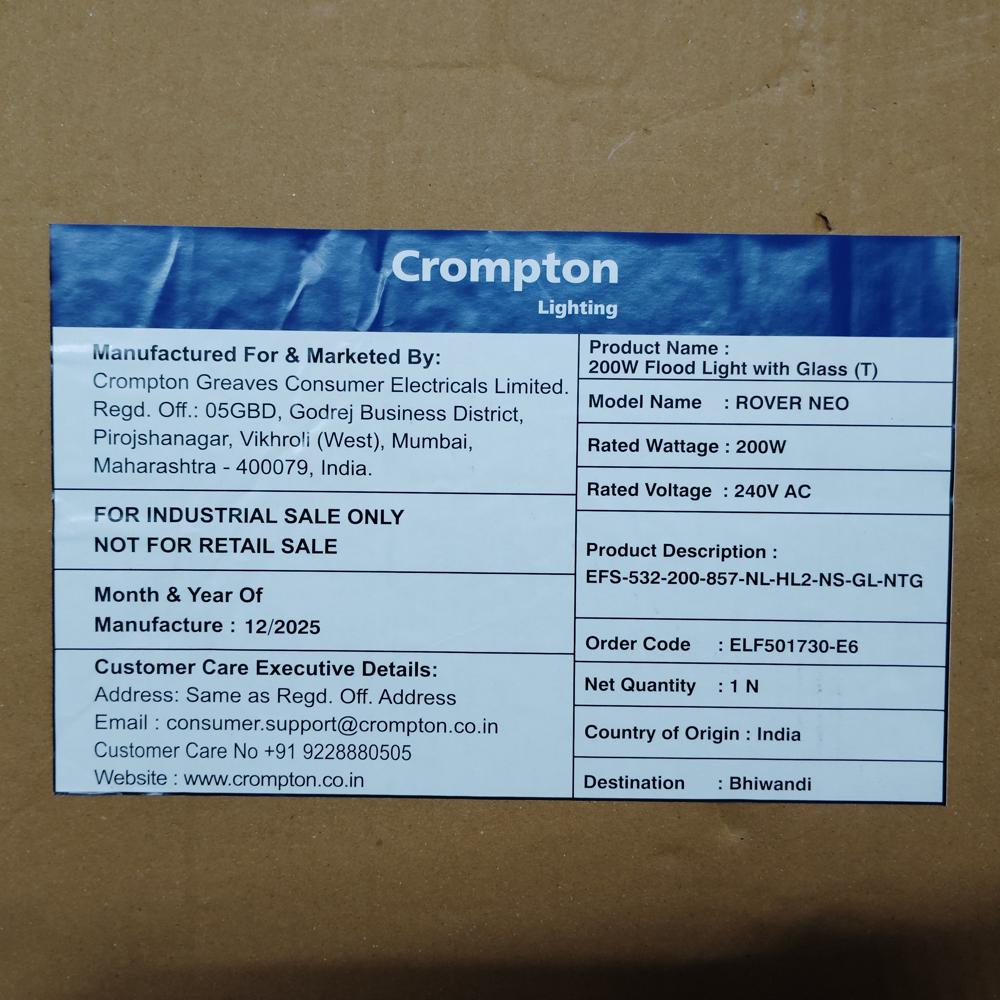 Crompton 200W LED Flood Light (EFS-532-200-857-NL-HL2-NS-GL-NTG) - 220-240V, IP66, 5700K