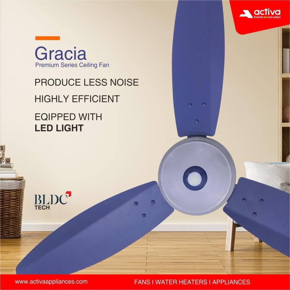 Ceiling Fan ACTIVA Gracia 1200MM Ceiling Fan | 3 Wider Blades | BLDC 28W Motor With LED Light | Energy Saving BEE 5 Star Rated Fan | Full Remote Control | Home Ceiling Fan | 5 Y Warranty - sparkle Blue