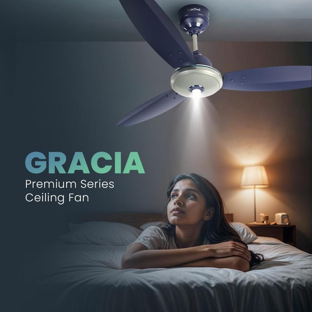Ceiling Fan ACTIVA Gracia 1200MM Ceiling Fan | 3 Wider Blades | BLDC 28W Motor With LED Light | Energy Saving BEE 5 Star Rated Fan | Full Remote Control | Home Ceiling Fan | 5 Y Warranty - sparkle Blue