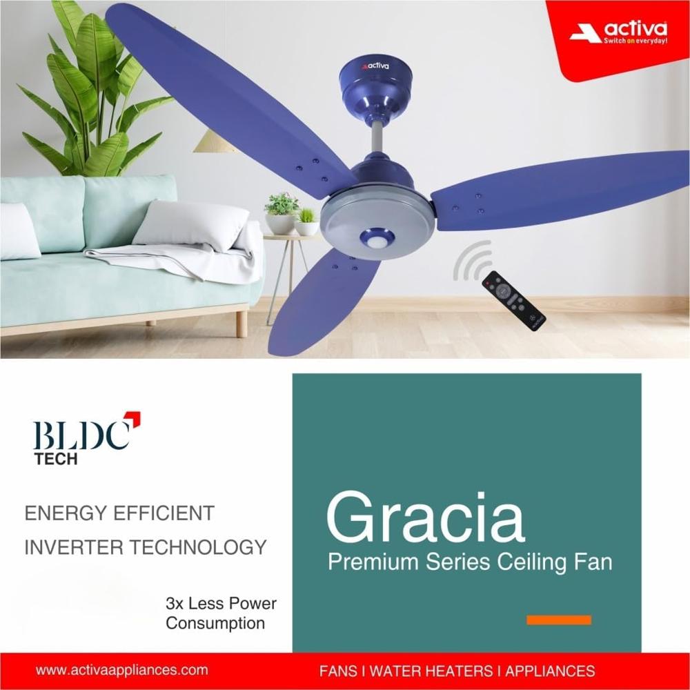 Ceiling Fan ACTIVA Gracia 1200MM Ceiling Fan | 3 Wider Blades | BLDC 28W Motor With LED Light | Energy Saving BEE 5 Star Rated Fan | Full Remote Control | Home Ceiling Fan | 5 Y Warranty - sparkle Blue