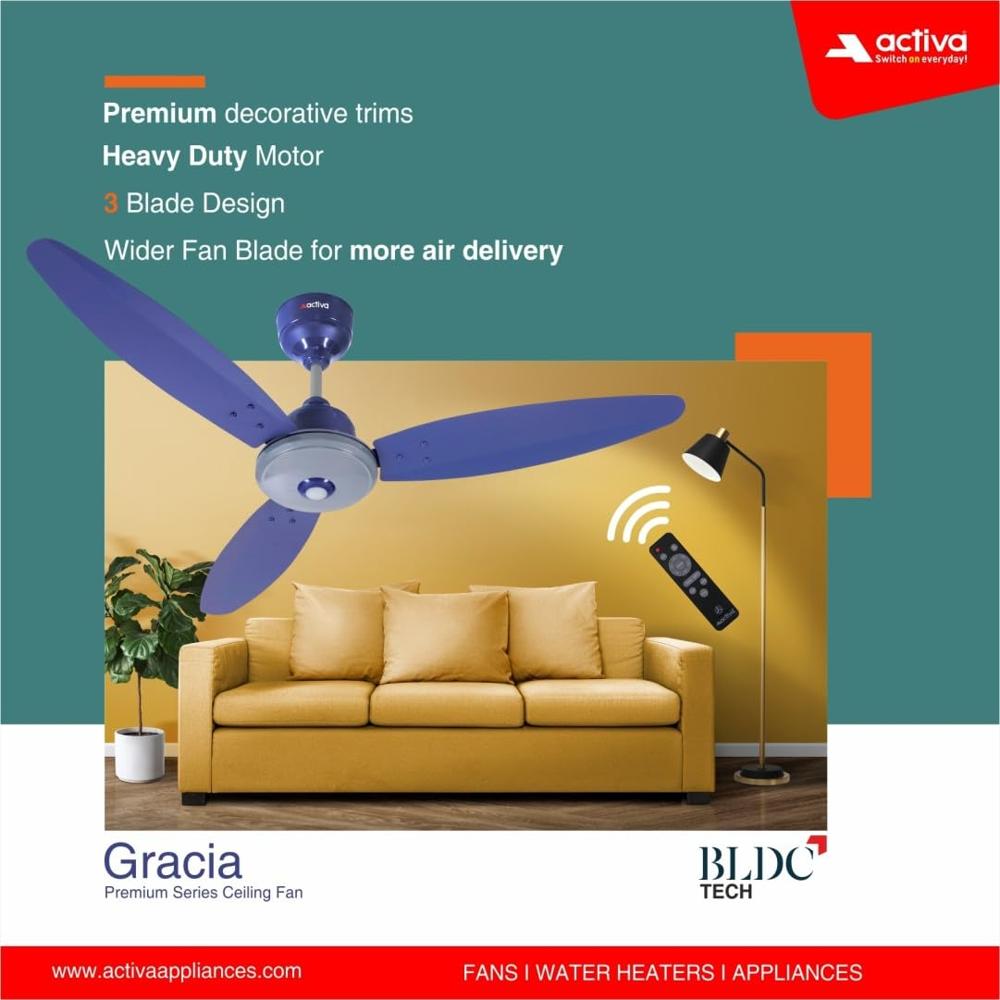Ceiling Fan ACTIVA Gracia 1200MM Ceiling Fan | 3 Wider Blades | BLDC 28W Motor With LED Light | Energy Saving BEE 5 Star Rated Fan | Full Remote Control | Home Ceiling Fan | 5 Y Warranty - sparkle Blue