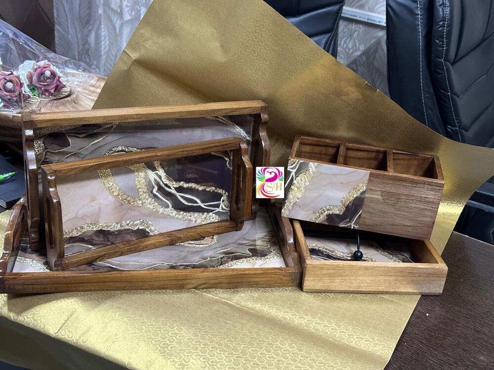 Wooden Dining Tray Combo Set With Meena Work