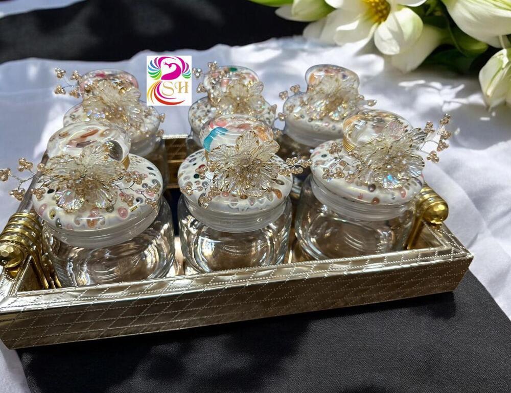 Leatherette Tray Popup Glass Dry Fruit 6pcs Jar Set