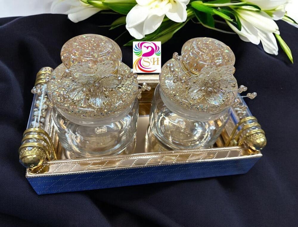 Leatherite Tray With Glass Popup Dry Fruits 2pcs Jar Set