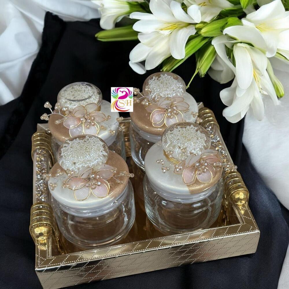 Leatherite Tray With Popup Glass Dry Fruit 4 Jar Set