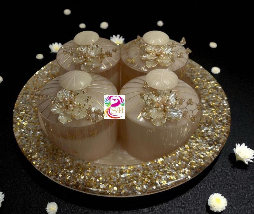 Resin Dry Fruit Golden Line Jar And Golden Glitter Tray Set