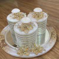 Resin Golden Line Jar And Glass Tray - Color: White