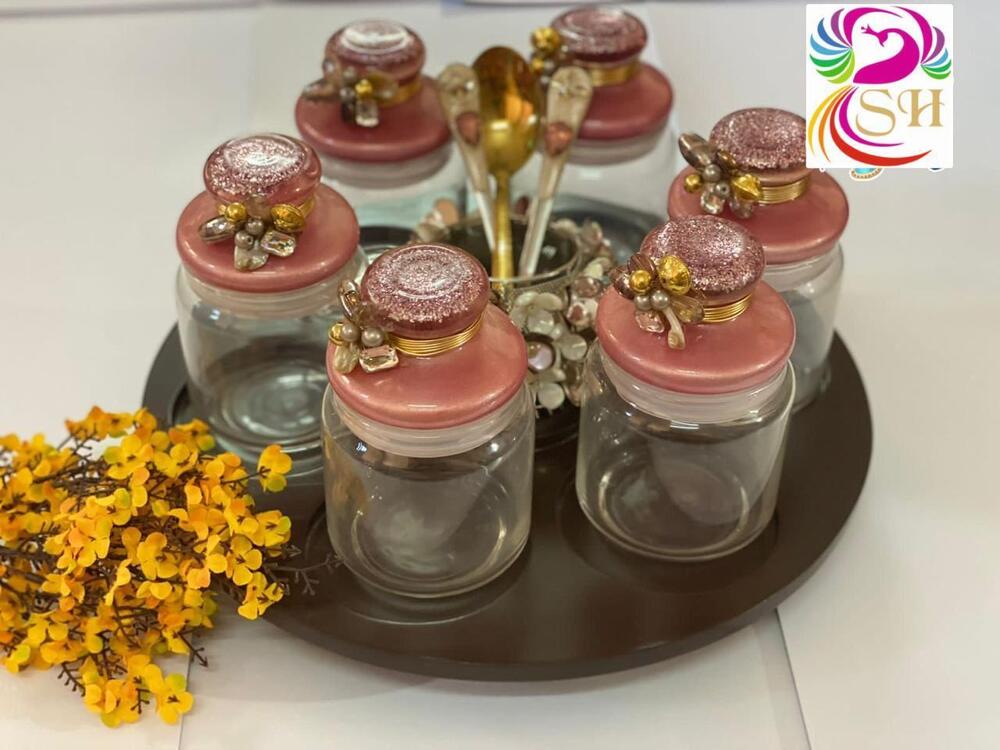 WoodenRevolving Base With Pop Up Dry Fruits Glass Jar Set