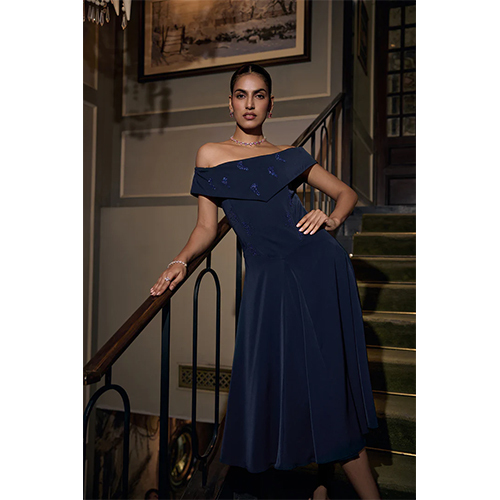 Off Shoulder Dress - Color: Navy Blue