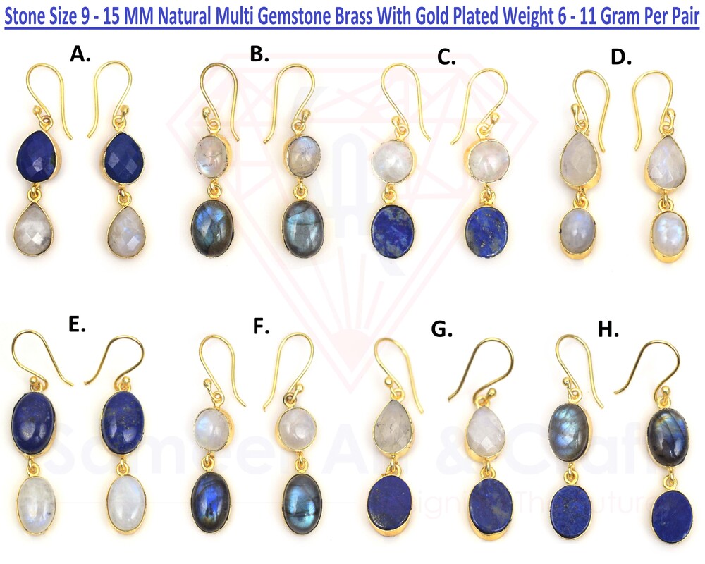 Brass With 18k Gold Plated Natural Multi Gemstone Hoop Earring Mixed Shape