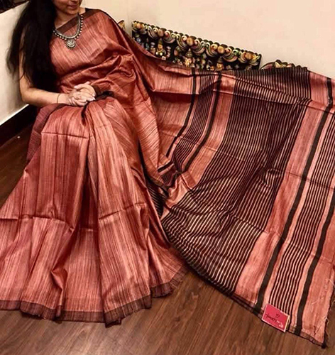 Traditional Tussar Ghicha Striped Pallu Silk Saree