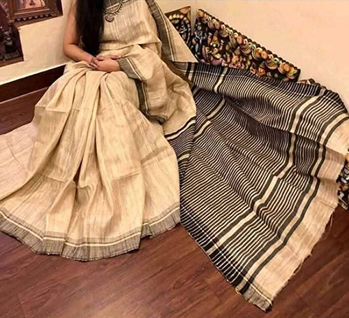 Traditional Tussar Ghicha Striped Pallu Silk Saree