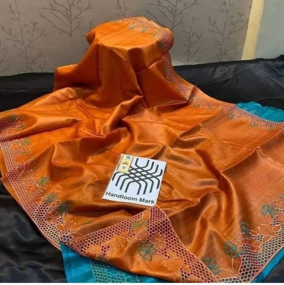 Pure Tusser Hand Cutwork Silk Saree