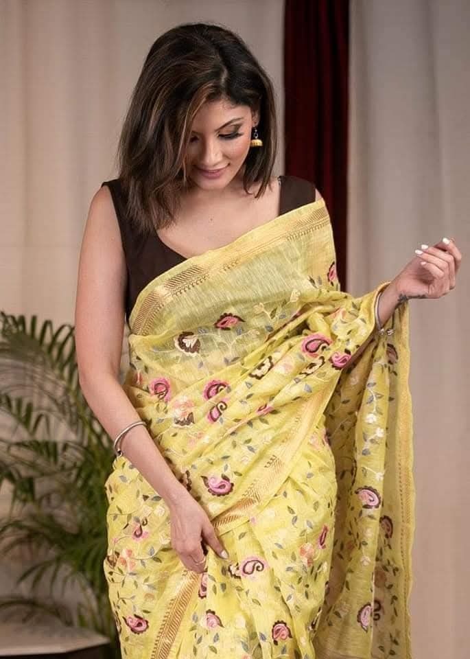 Pure Linen embroidery 
Silk saree