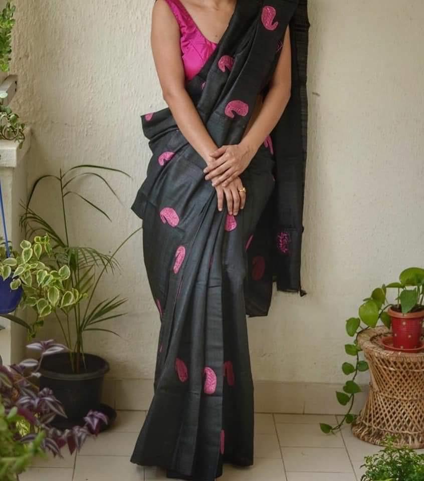 Pure Tussar Ghicha Embroidery Saree