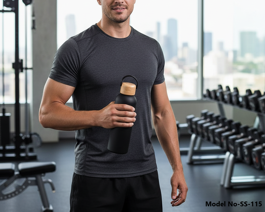 (SS-115) Insulated Stainless Steel Water Bottle with Natural Wooden Lid
