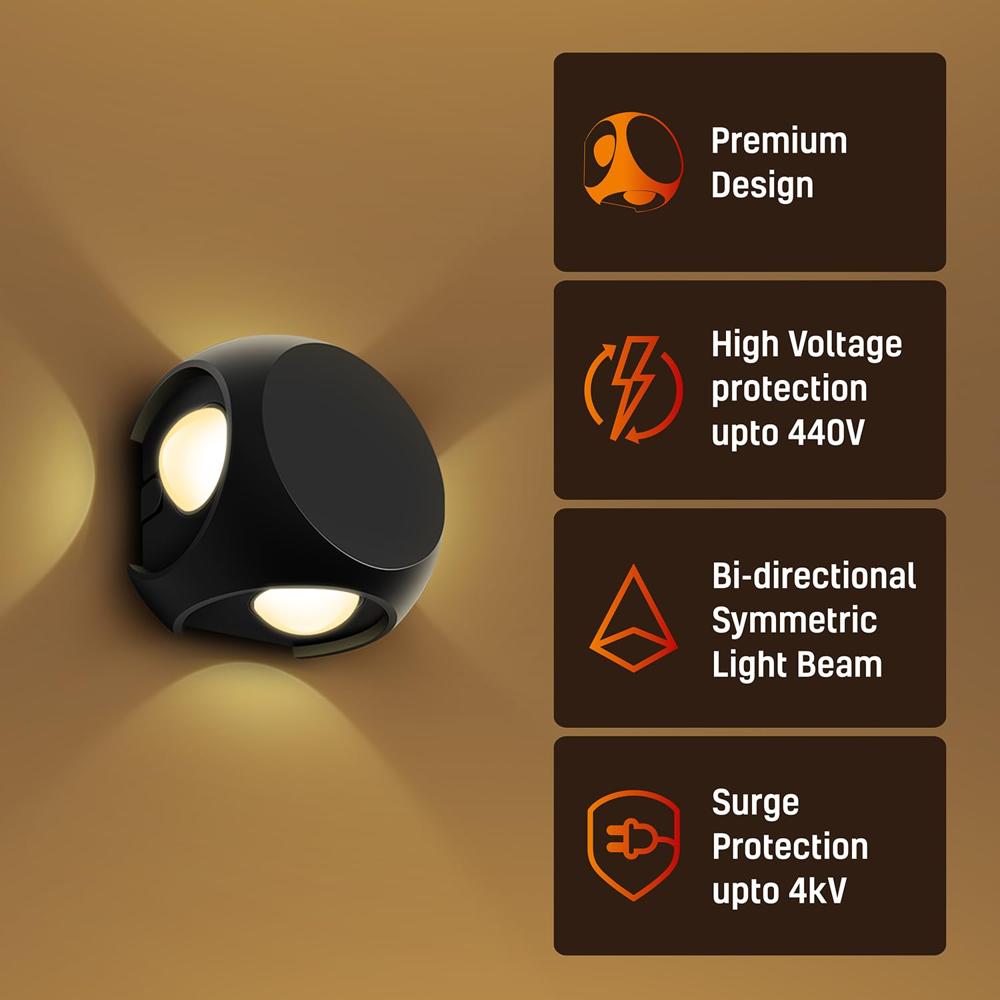 Garnet 12 Watt 4 Ray Round Outdoor Wall Light For Home | 4 X 3w| Ip65 Led Wall Light | Warm White, Yellow 2700k | Aluminium Housing - Warranty: 2 Years