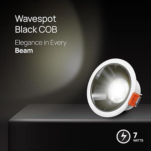 wipro Acrylonitrile Butadiene Styrene Garnet 7 Watt Wave Spot Black COB,Warm White(2700K),High Voltage(440V)& Surge Protection(4 KV),Sharp Beam Angle with Reflector for Home,Office