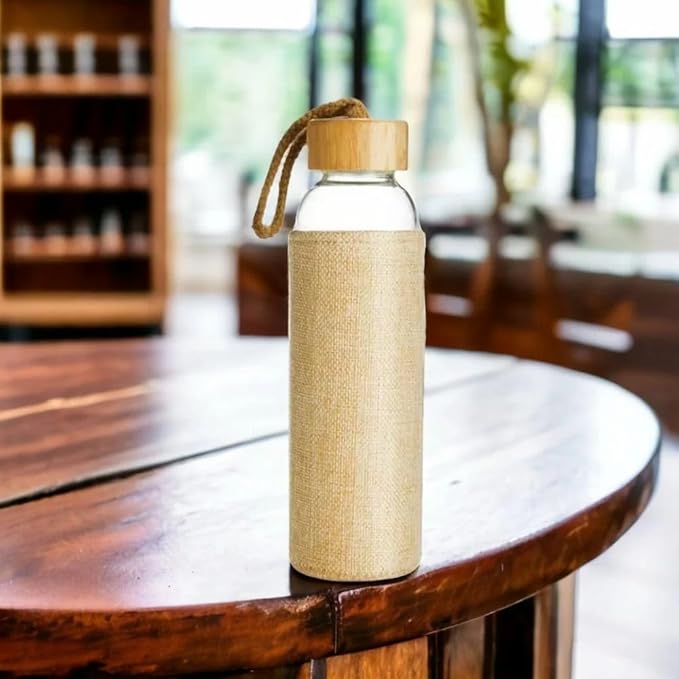 Borosilicate Glass Water Bottle with Bamboo Dori Lid and Jute Cover