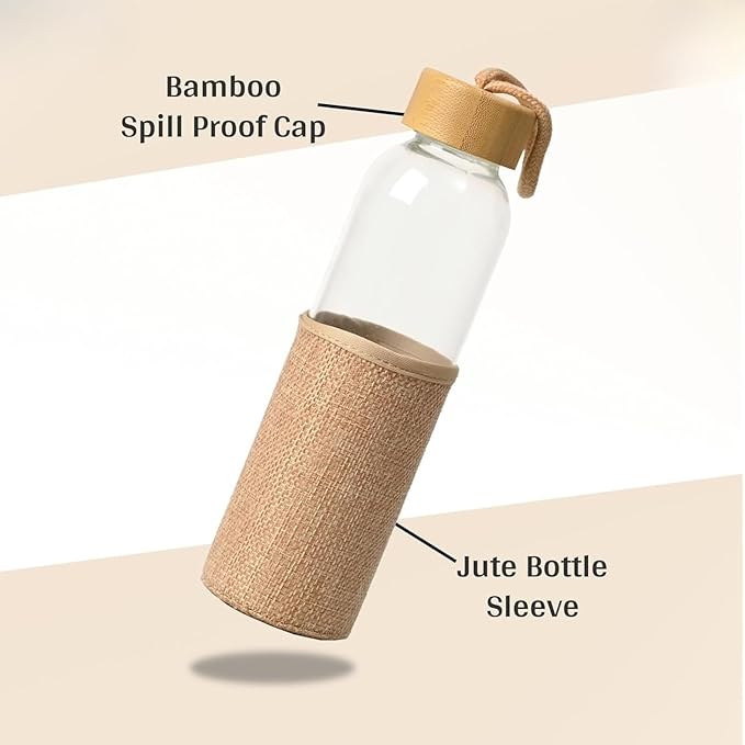 Borosilicate Glass Water Bottle with Bamboo Dori Lid and Jute Cover