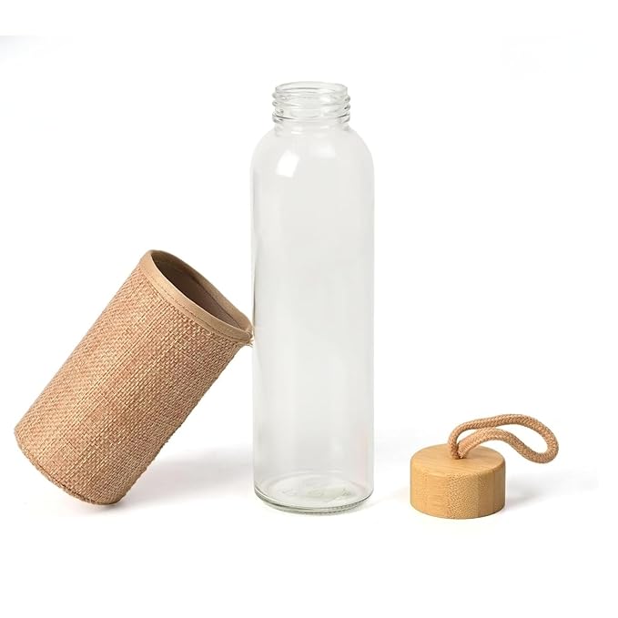Borosilicate Glass Water Bottle with Bamboo Dori Lid and Jute Cover