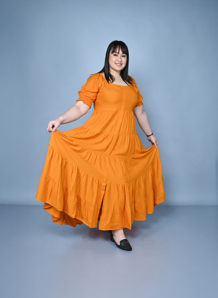 Women'S Trendy Plus Size Multi Tiered Front Slit Maxi Dress - Color: Yellow Ochre