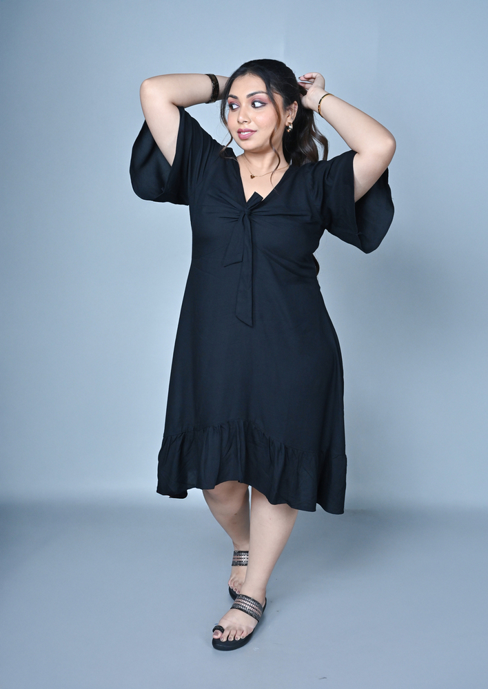 Plain Front Tie Midi Dress - Color: Black