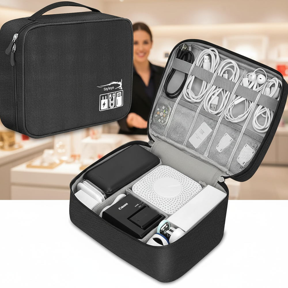 Premium Medium Size Electronic Accessories Organizer Travel Case For Cables Chargers & Gadgets. - Color: Black / Grey / Navy Blue