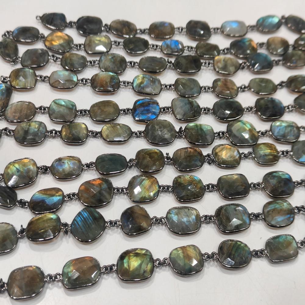 Natural Labradorite Free Shape Briolette faceted Uneven Bezel Connector Chain 12 to 15mm Sold Per
