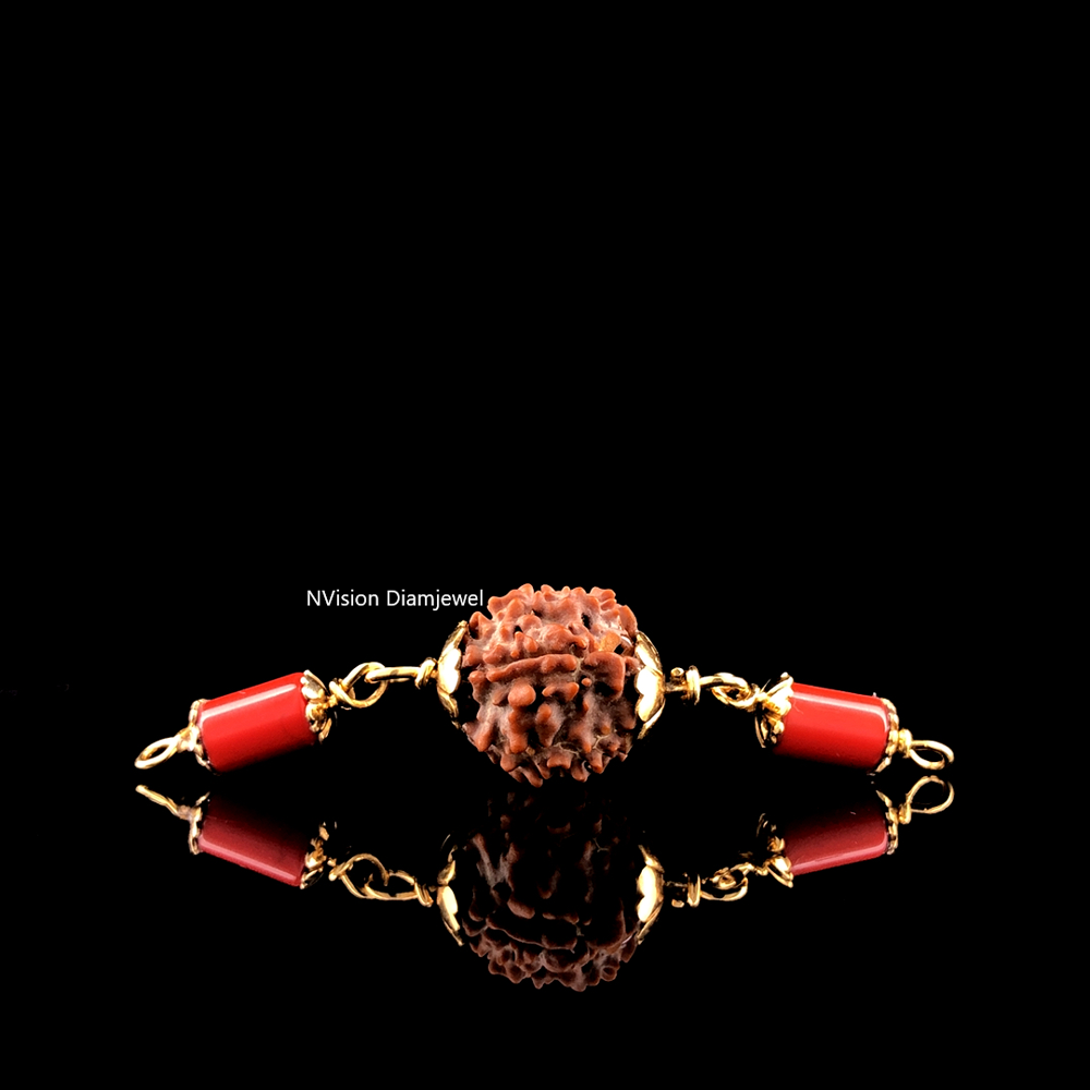 Rudraksha & Red Coral Moonga 18 Kt Yellow Gold Capped Pendant - Gender: Male