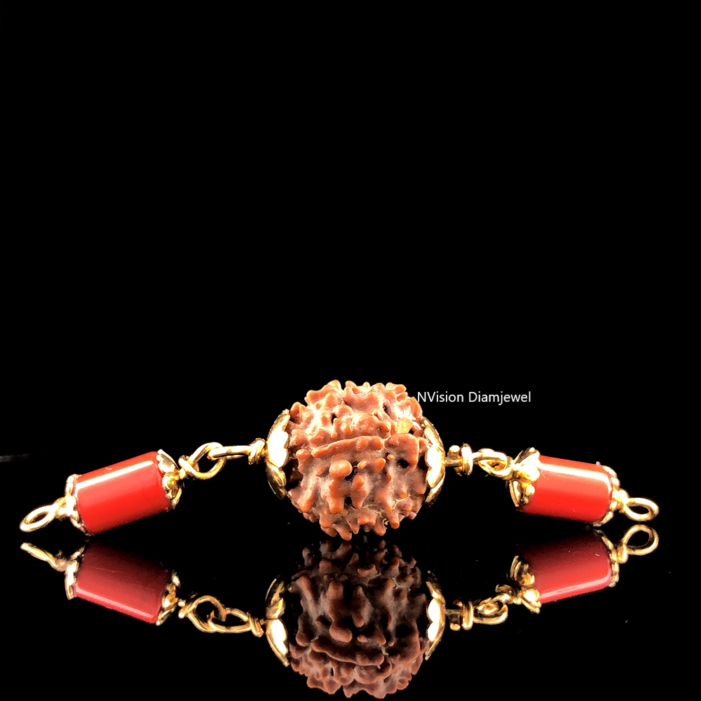 Rudraksha & Red Coral Moonga 18 KT Yellow Gold Capped Pendant 