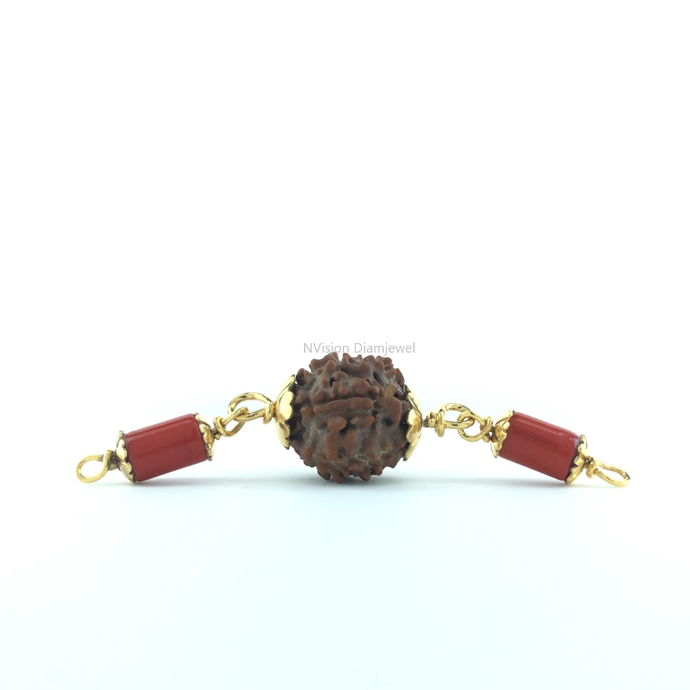 Rudraksha & Red Coral Moonga 18 KT Yellow Gold Capped Pendant 