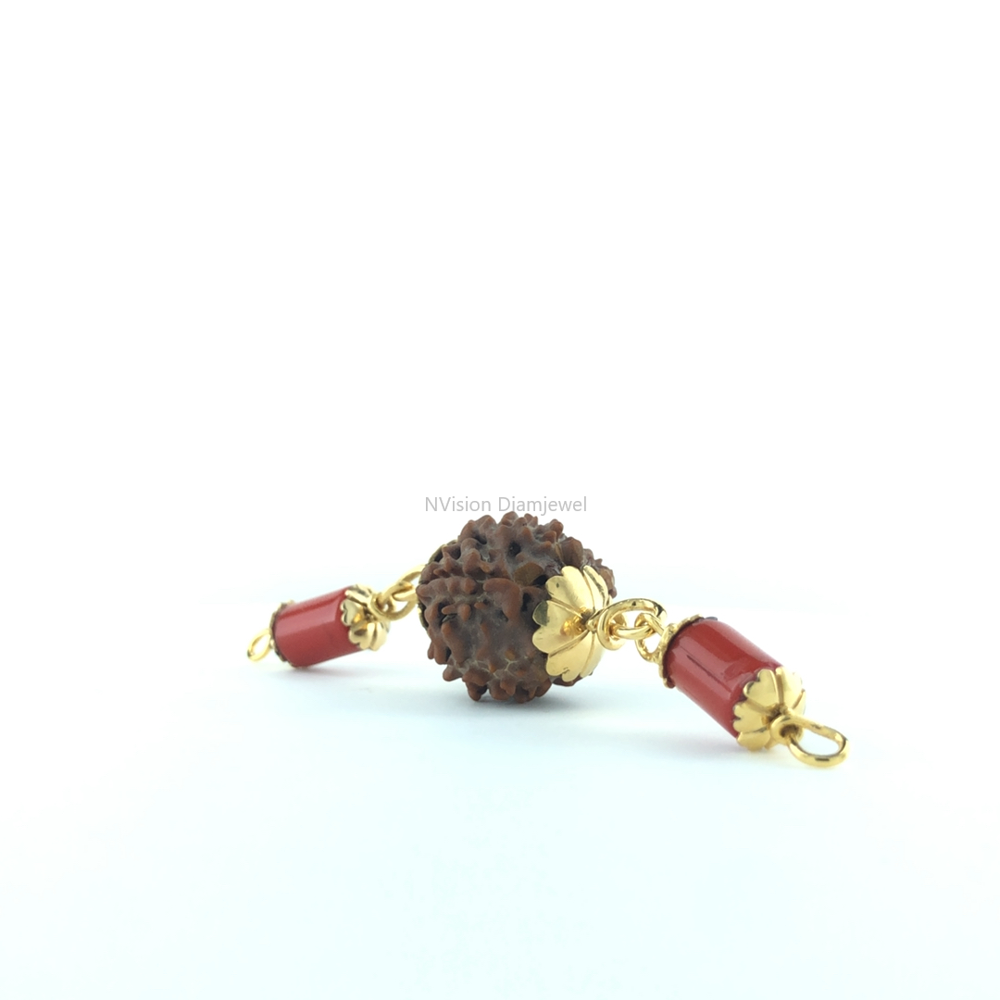 Rudraksha & Red Coral Moonga 18 KT Yellow Gold Capped Pendant 