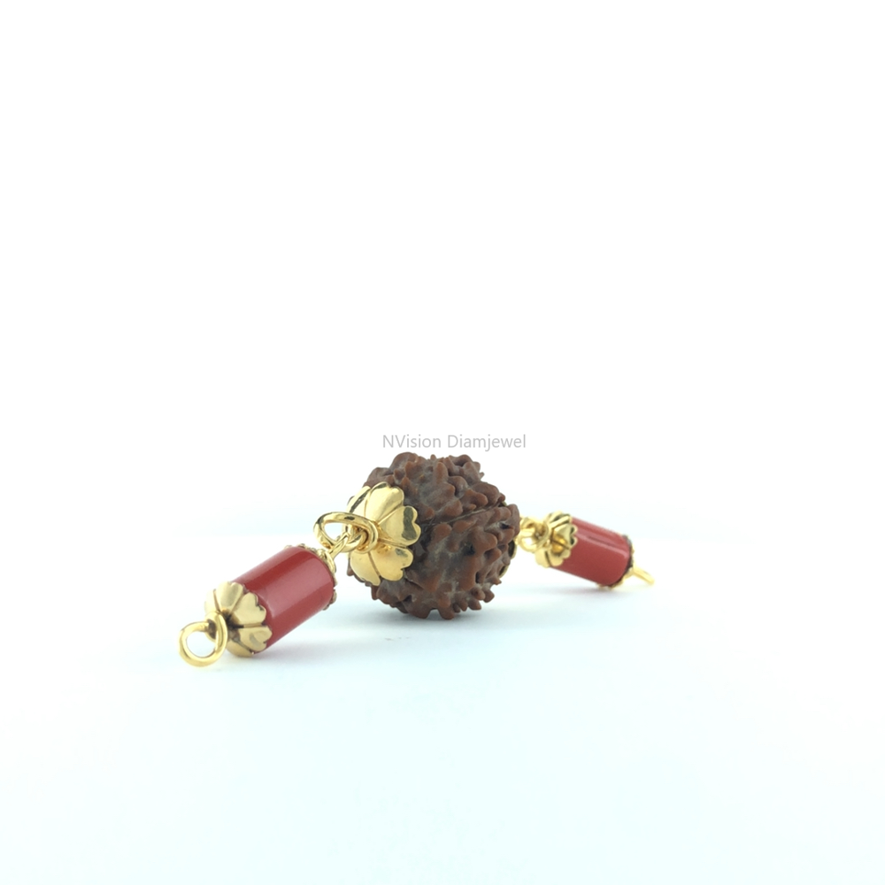 Rudraksha & Red Coral Moonga 18 KT Yellow Gold Capped Pendant 