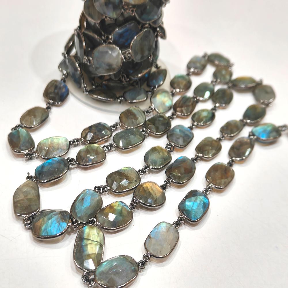 Natural Labradorite Free Shape Briolette faceted Uneven Bezel Connector Chain 12 to 15mm Sold Per