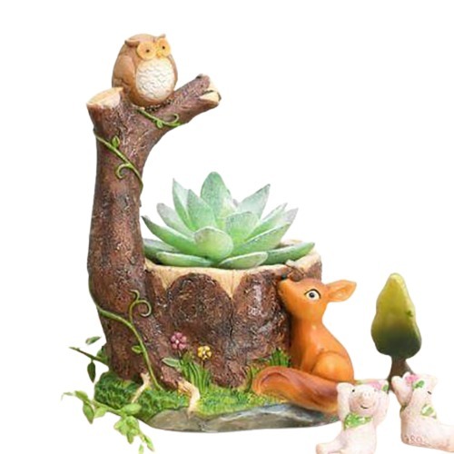 Resin Animal Planter With An Owl And Squirrel Design
