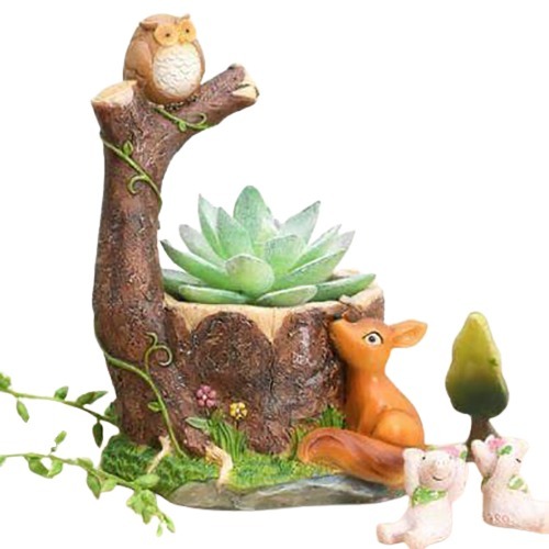 Resin Animal Planter With An Owl And Squirrel Design