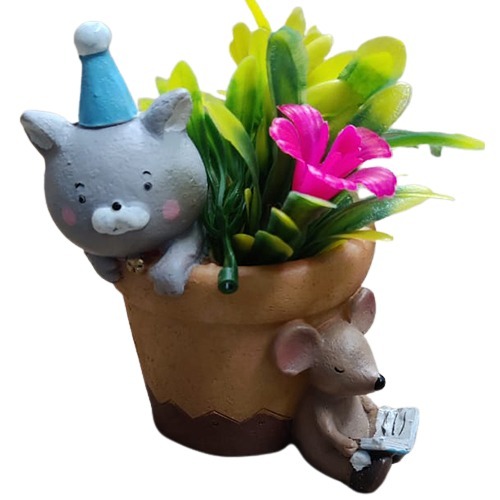Cat And Mouse Design Resin Pot - Color: Multicolor