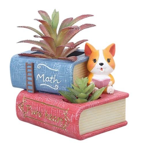 Corgi Dog Reading Book Succulent Planter Pot
