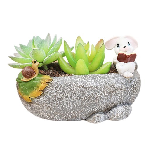 Cute Rabbit Reading Resin Succulent Pot - Color: Multicolor