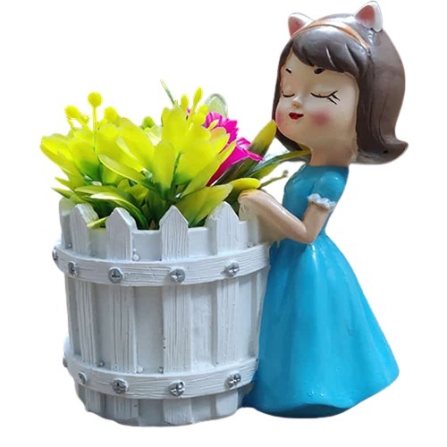 Resin Succulent Planter Pot Featuring Girl Figurine With White Basket - Color: Multicolor