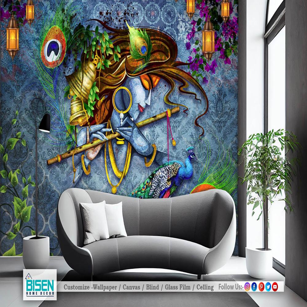 Radha Krishna Wall Mural - Material: Non Woven