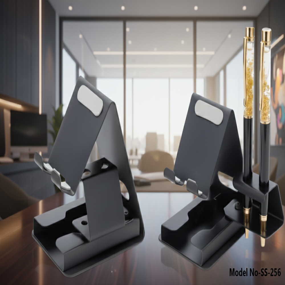 Premium Metal Mobile Phone Stand With Dual Pen Holder For Office Desk (ss-256) - Color: Black