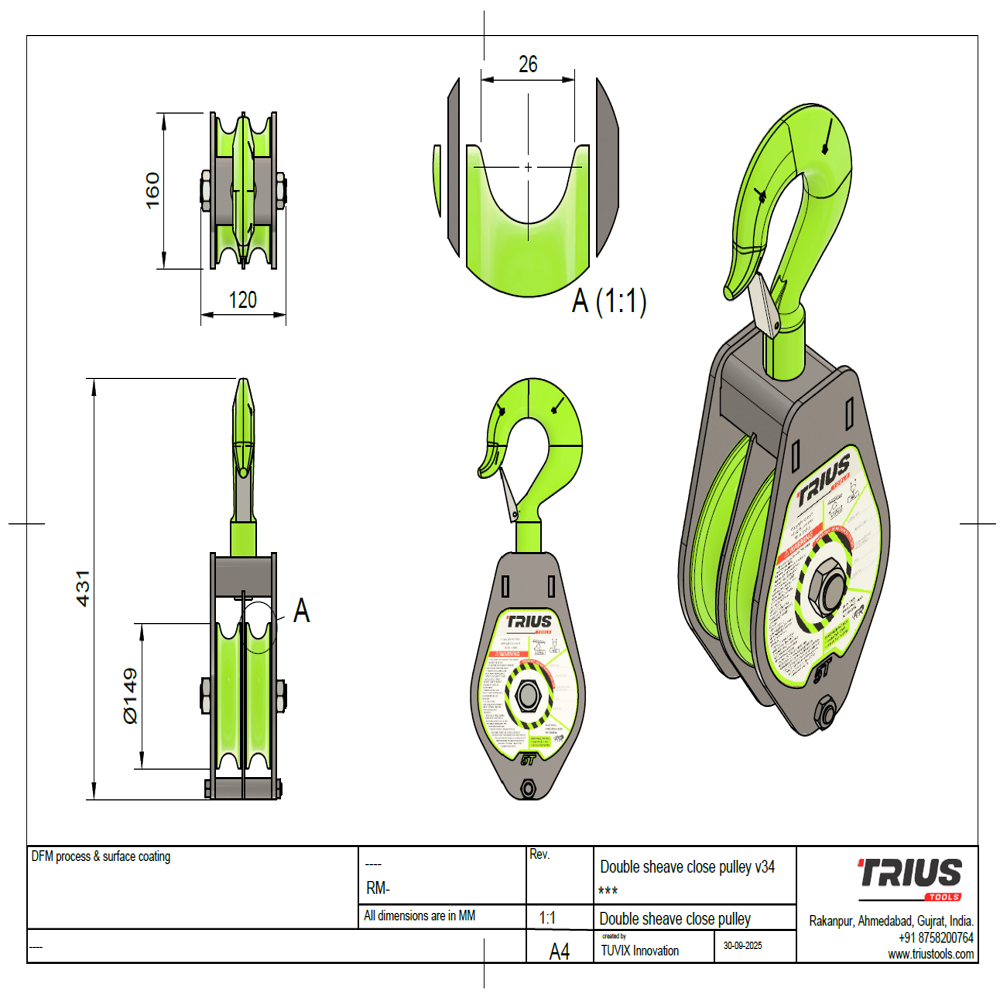 Double Sheave Pulley Block Close Type - Color: Grey+neon Green