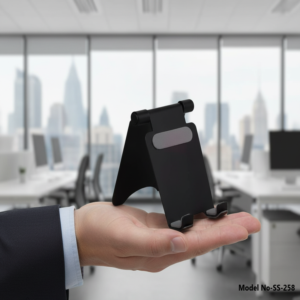 Mini Folding Metal Mobile Stand (Ss-258) - Color: Black With Grey Silicone Accents