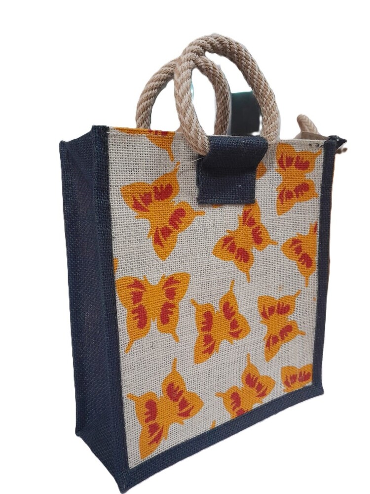 Butterfly Blue Jute Grocery Bag With Zip