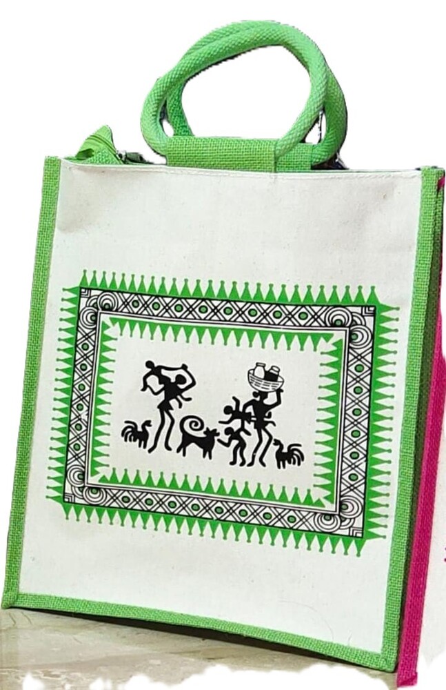 Green Adibashi Print Jute Grocery Bag With Zip