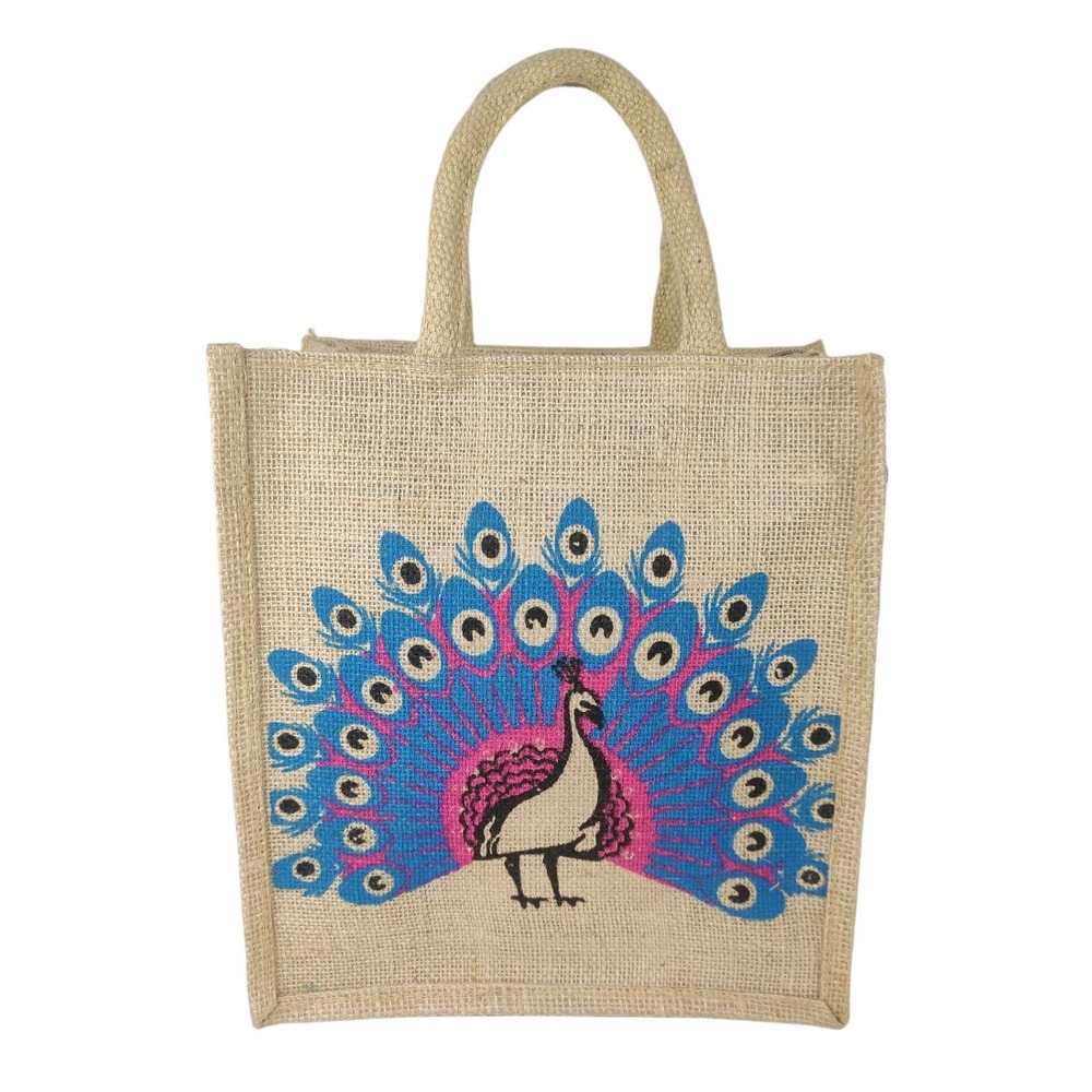 Peacock Print Jute Grocery Bag With Zip