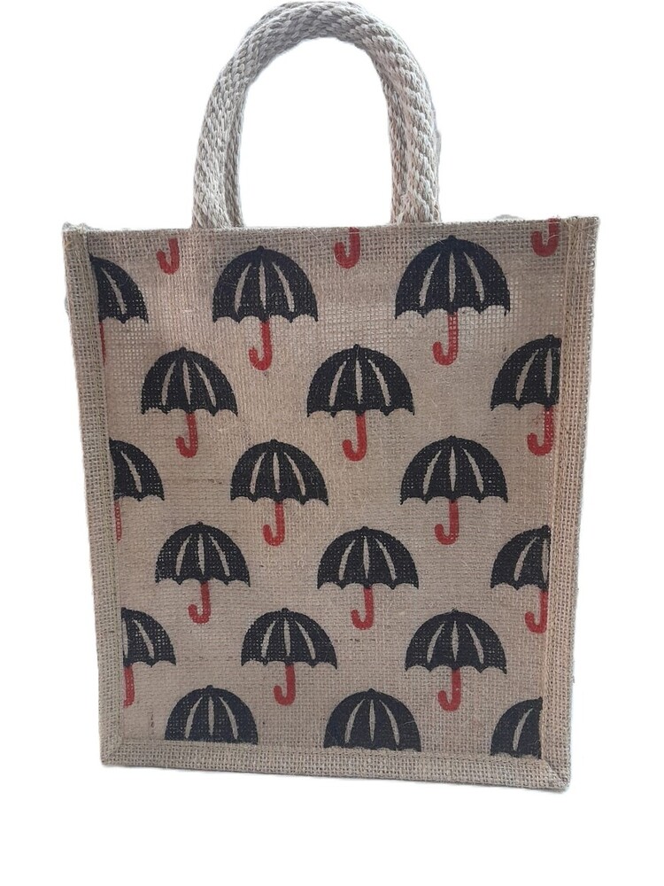 Umbrela Print Black Jute Bag