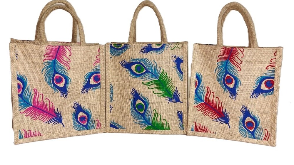 Peacock Feather Print Jute Bag